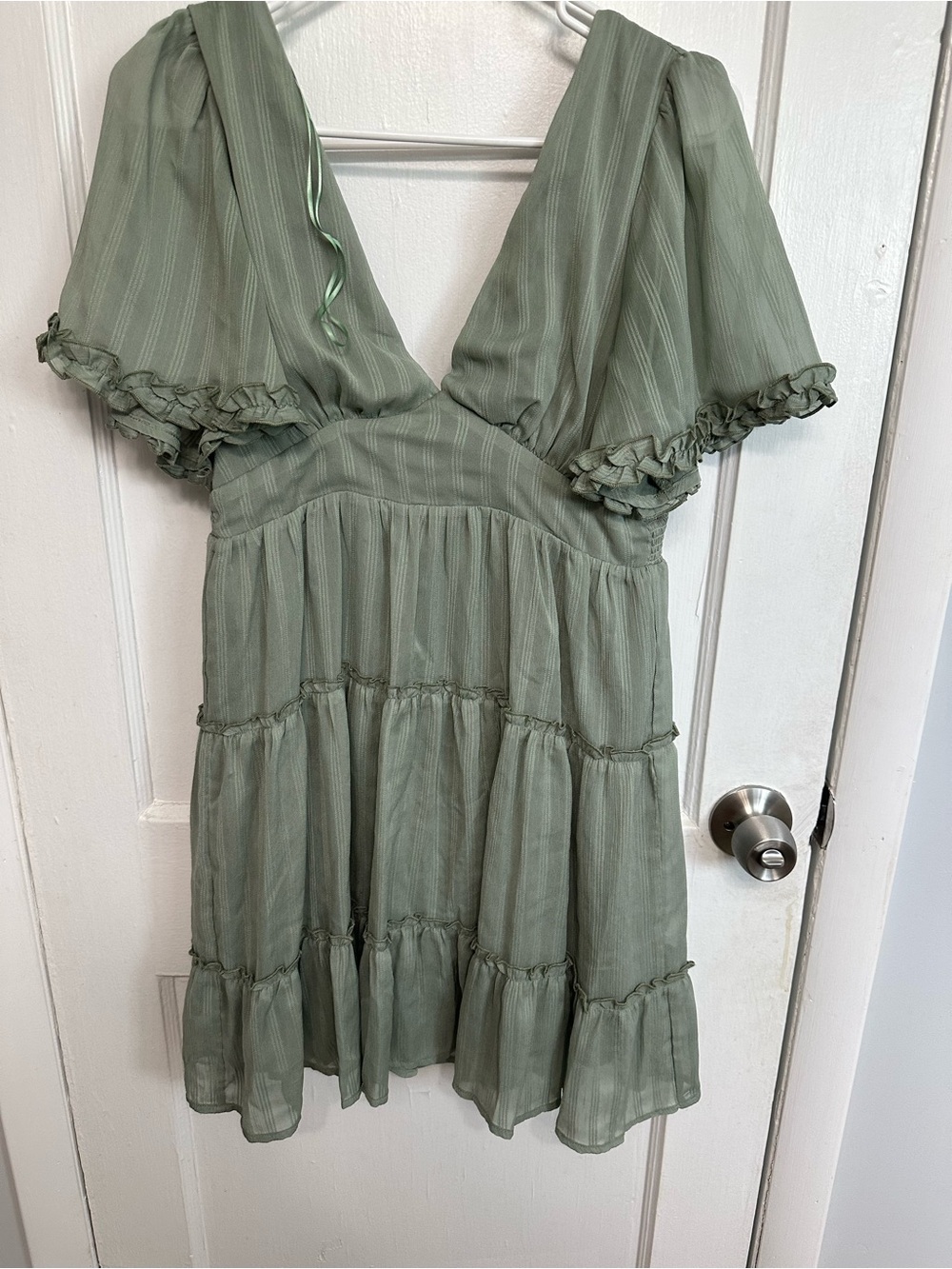 Peach Love California Sage Green Tiered Mini Dress
